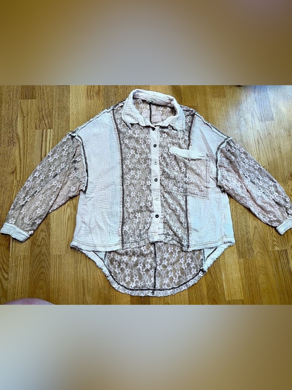 POL Oversize Floral Lace Detail Button Down Shirt Floral Lace Detail Blouse Pink